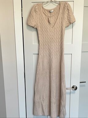 FP Beach Beige Cable-Knit Short Sleeve Maxi Dress